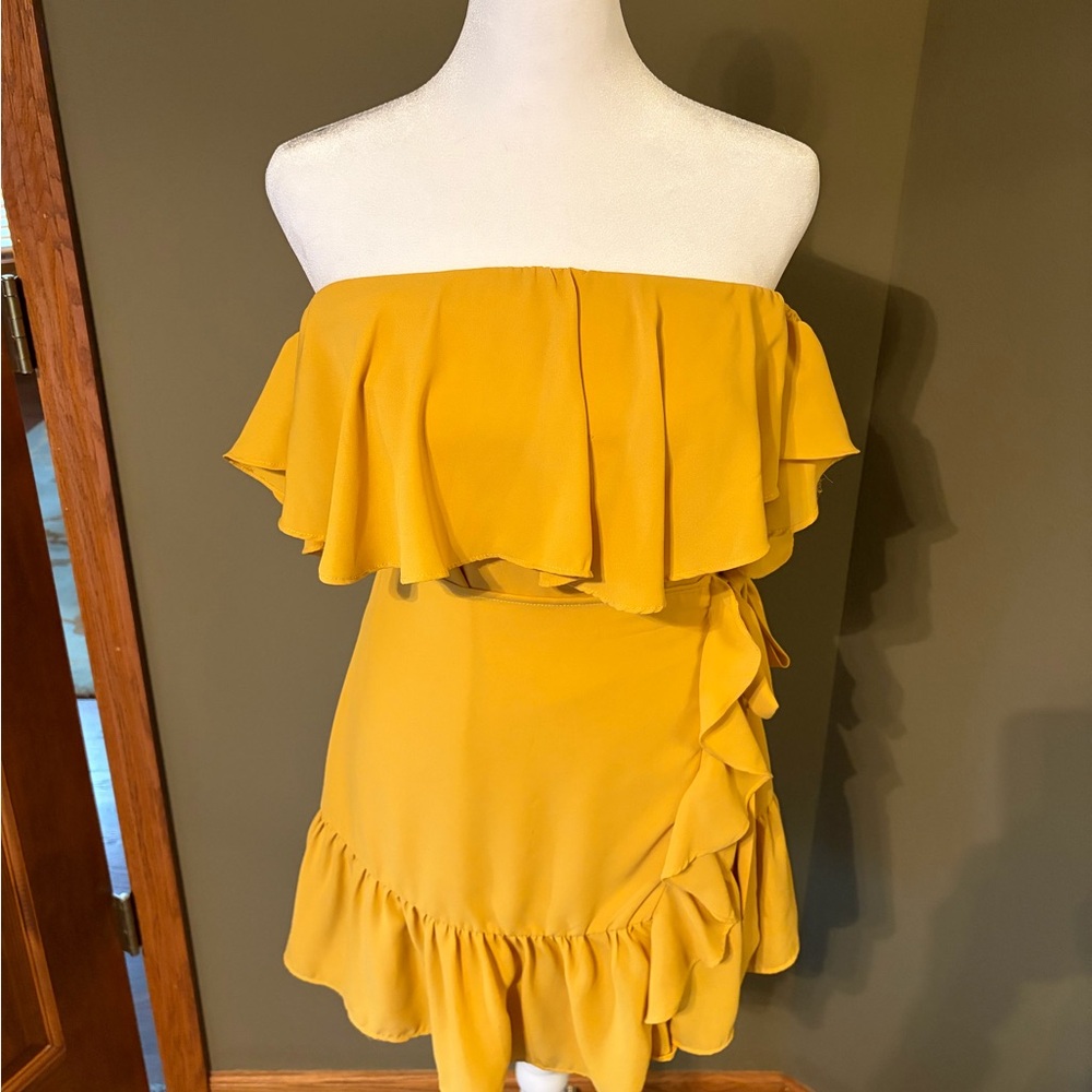 by the way. Mustard Yellow Ruffle Off the Shoulder Mini Dress